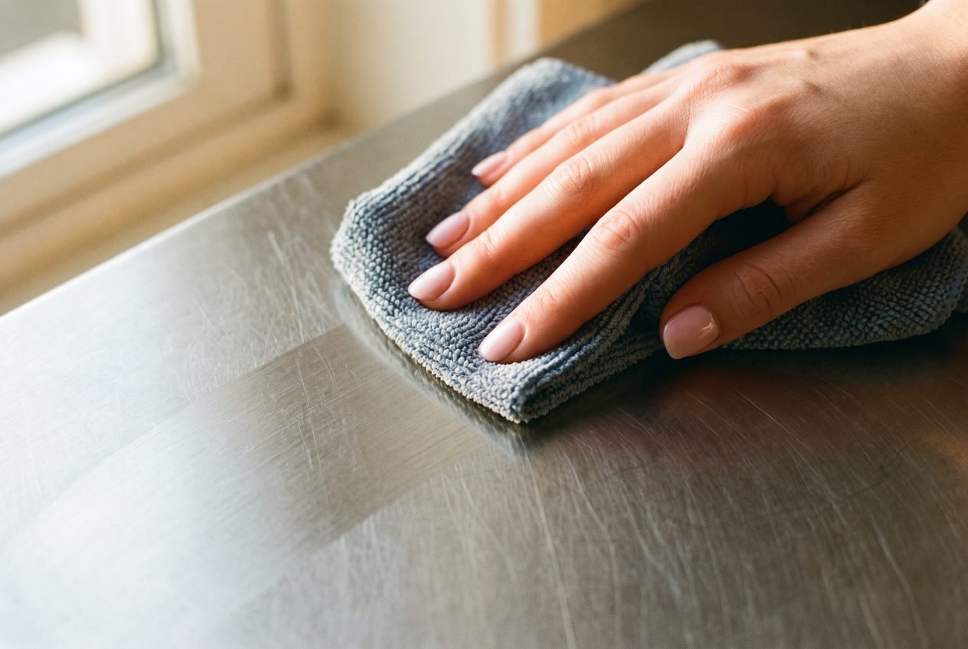 Gehandschoende hand haalt een microvezeldoek over geborsteld staal