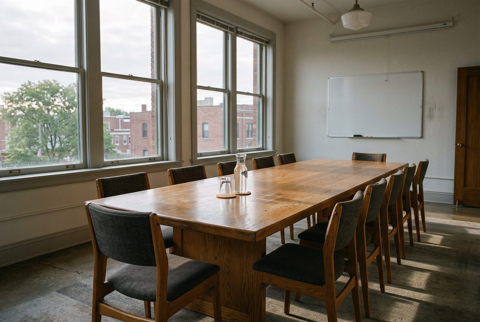 Vergaderruimte direct na de schoonmaak, stoelen strak uitgelijnd
