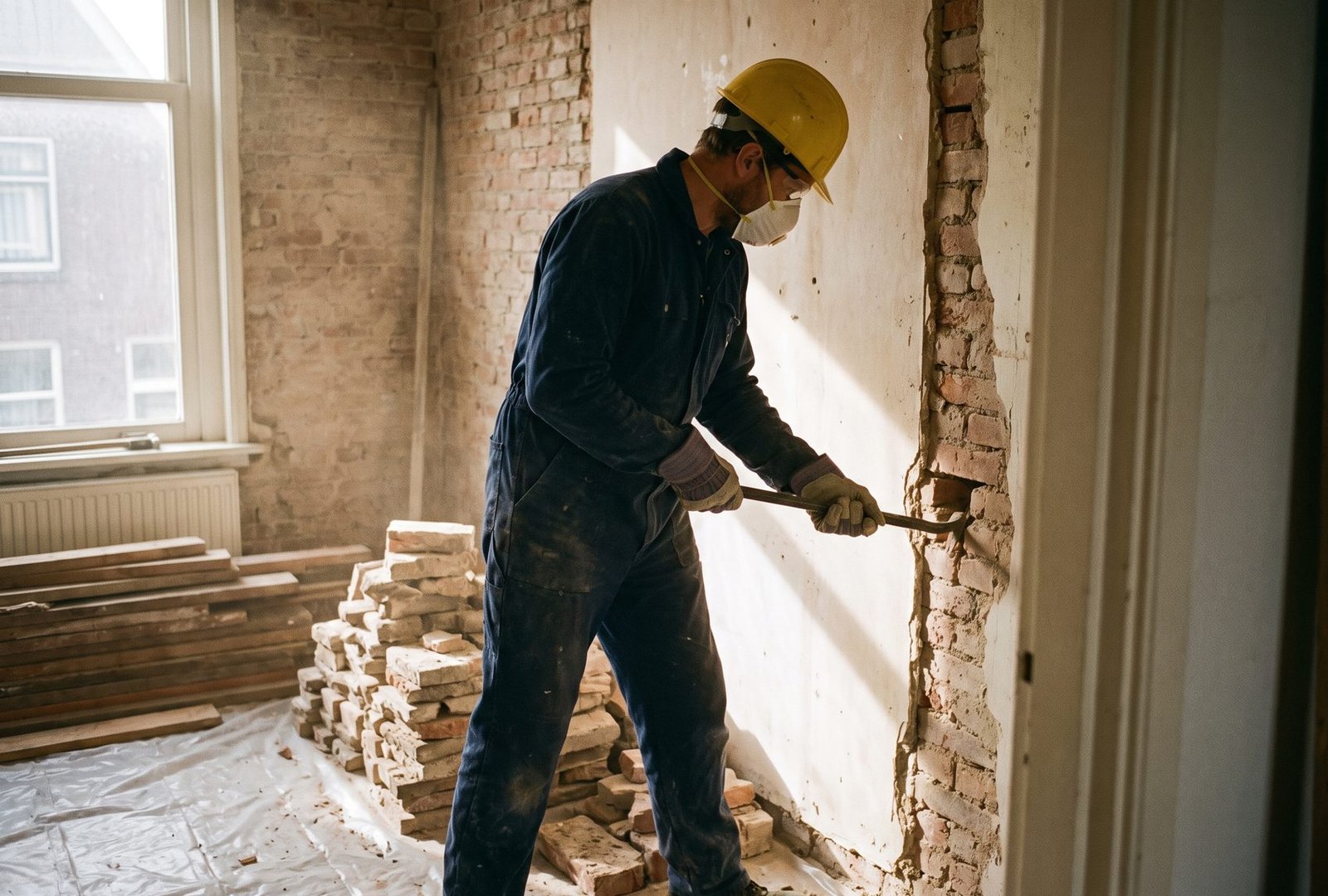 Vakman verwijdert zorgvuldig een binnenwand in een woning