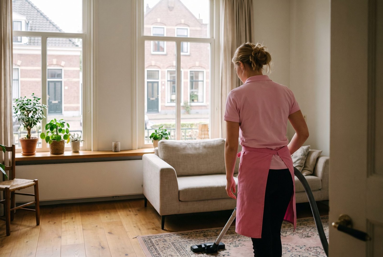 Schoonmaakster van Cleovelle aan het werk in een verzorgde woonkamer